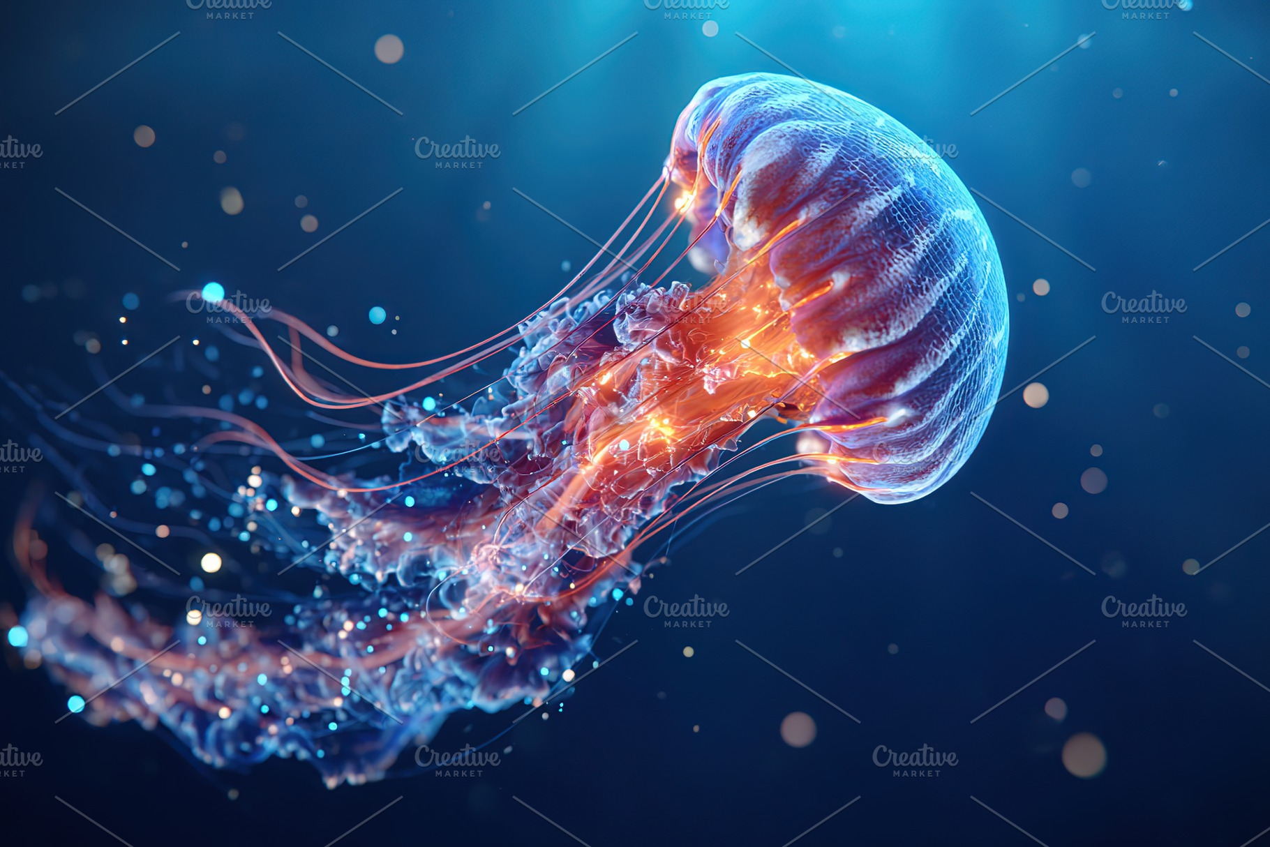 A vibrant jellyfish moves elegantly through the dark sea, leaving a trail of lu, a Photo by AlyaAnd