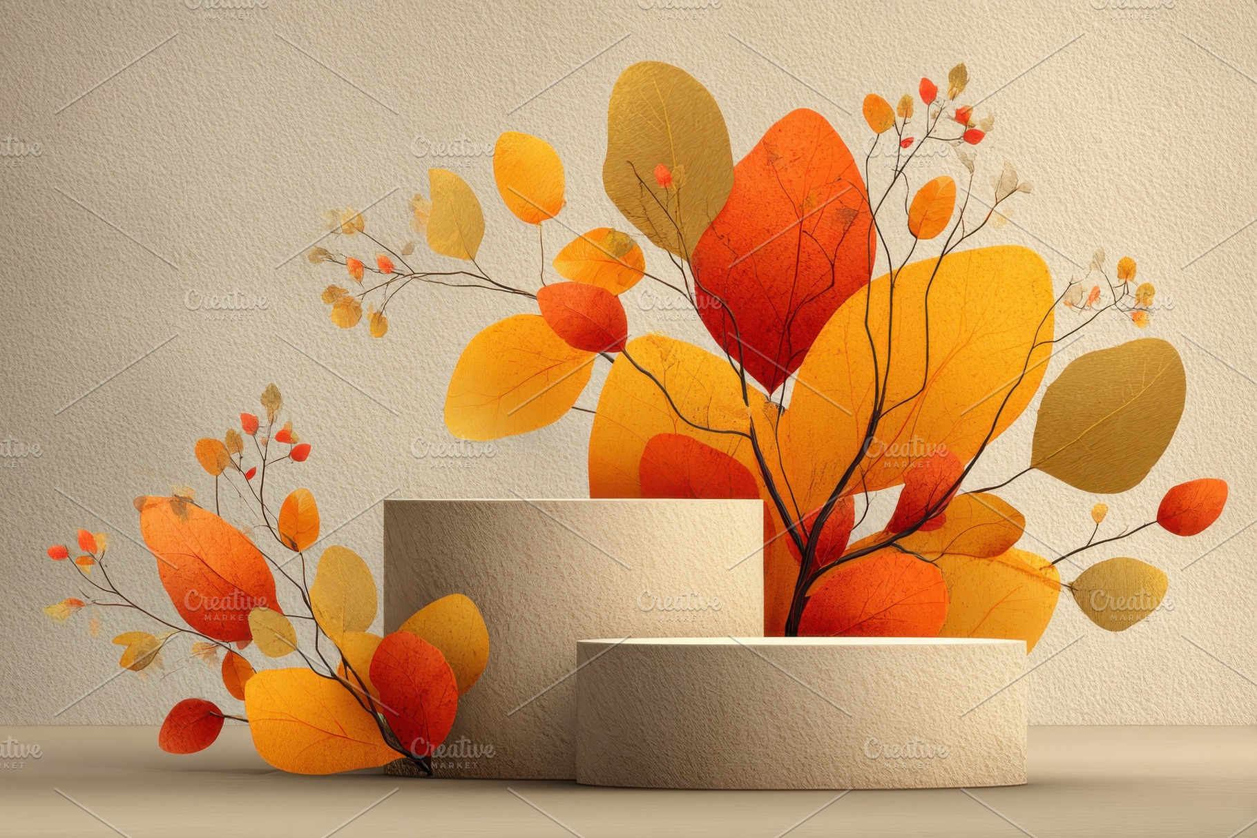 Autumn leaves background beige podiu, a Photo by Pixeness Studio