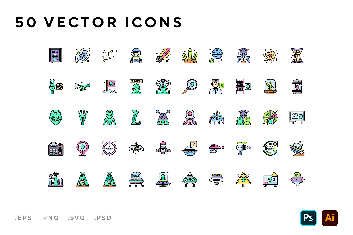 Ufo and aliens icons, an Outline Icon by Wencory (Photo 1 of 2)