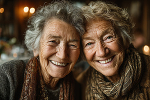 Warm portrait of two smiling senior friends sharing companionship and joy in a, a Photo by AS photostudio