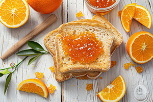 Toast breads with sweet orange jam on wooden table, a Food & Drink Photo by AlyaAnd