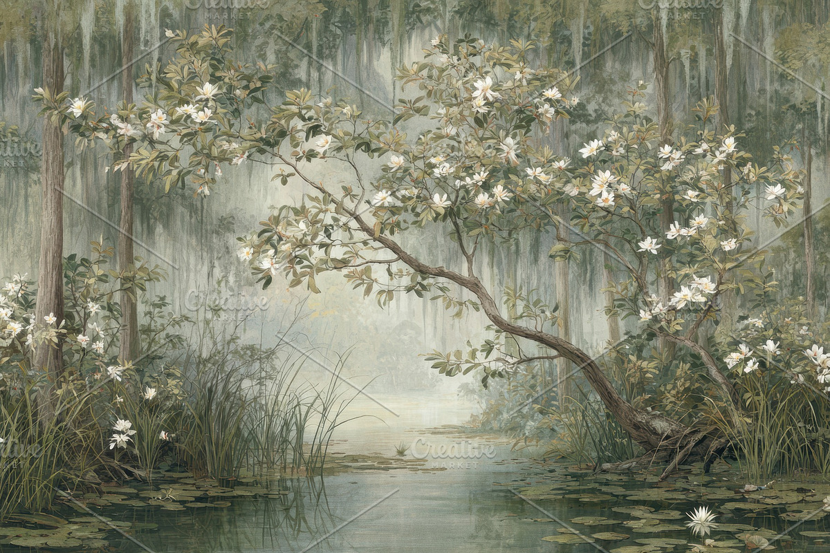 Magnolia Bayou Mural Wallpaper, a Decorative Illustration by Virgo Studio