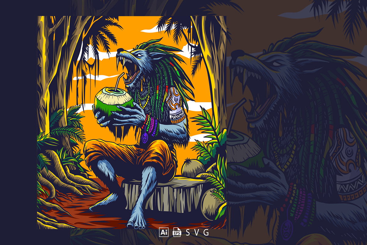 Wolf rasta hair drinking coconut ice, an Animal Illustration by Stock Shape