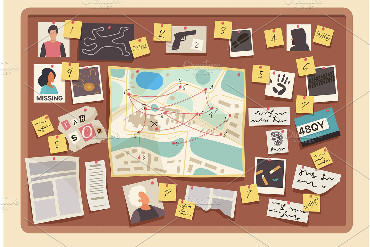 Detective pinboard with evidences, an Object Illustration by Lemberg Vector