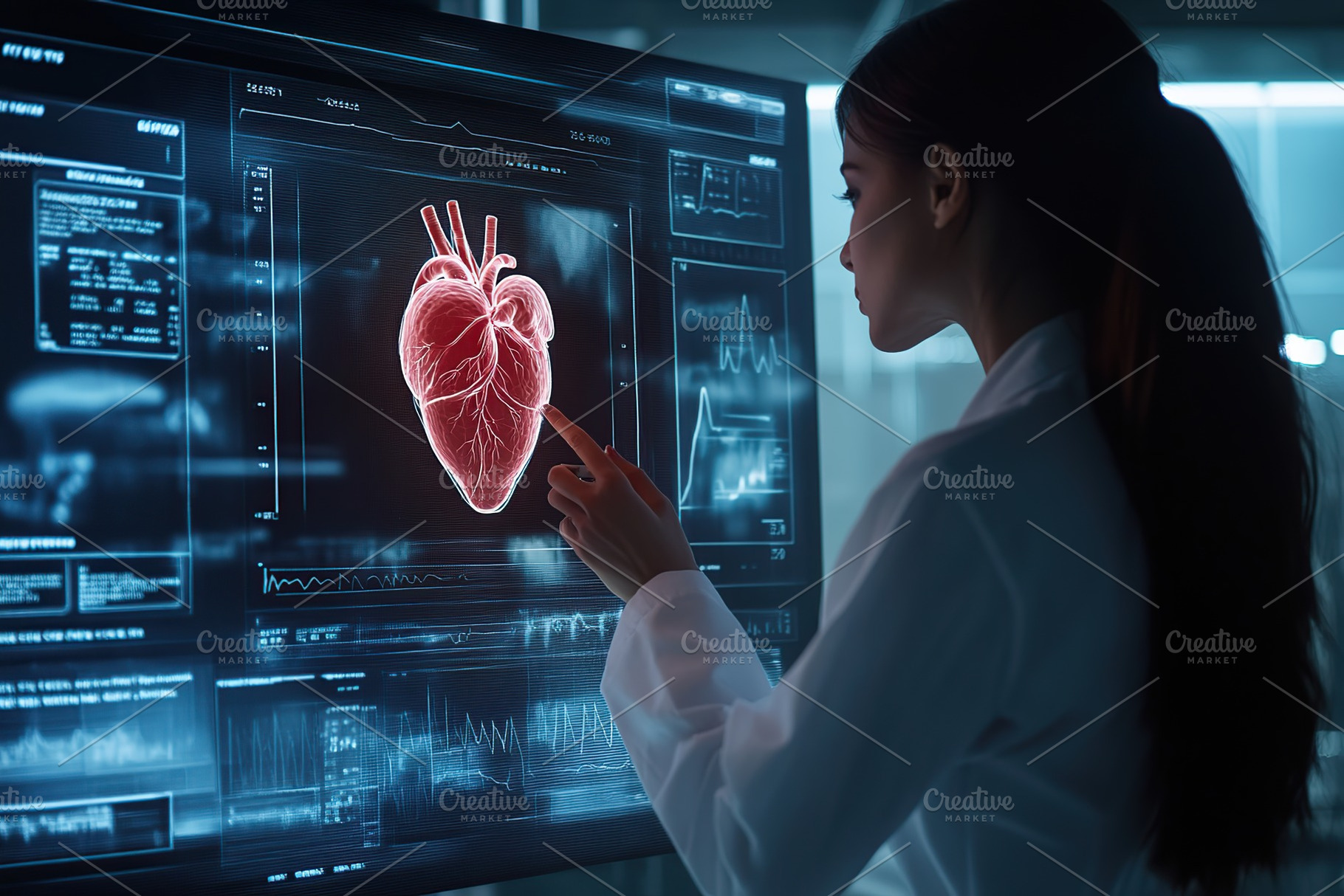 Doctor checking human heart on AI hologram, virtual reality, a Health & Medical Photo by AlyaAnd
