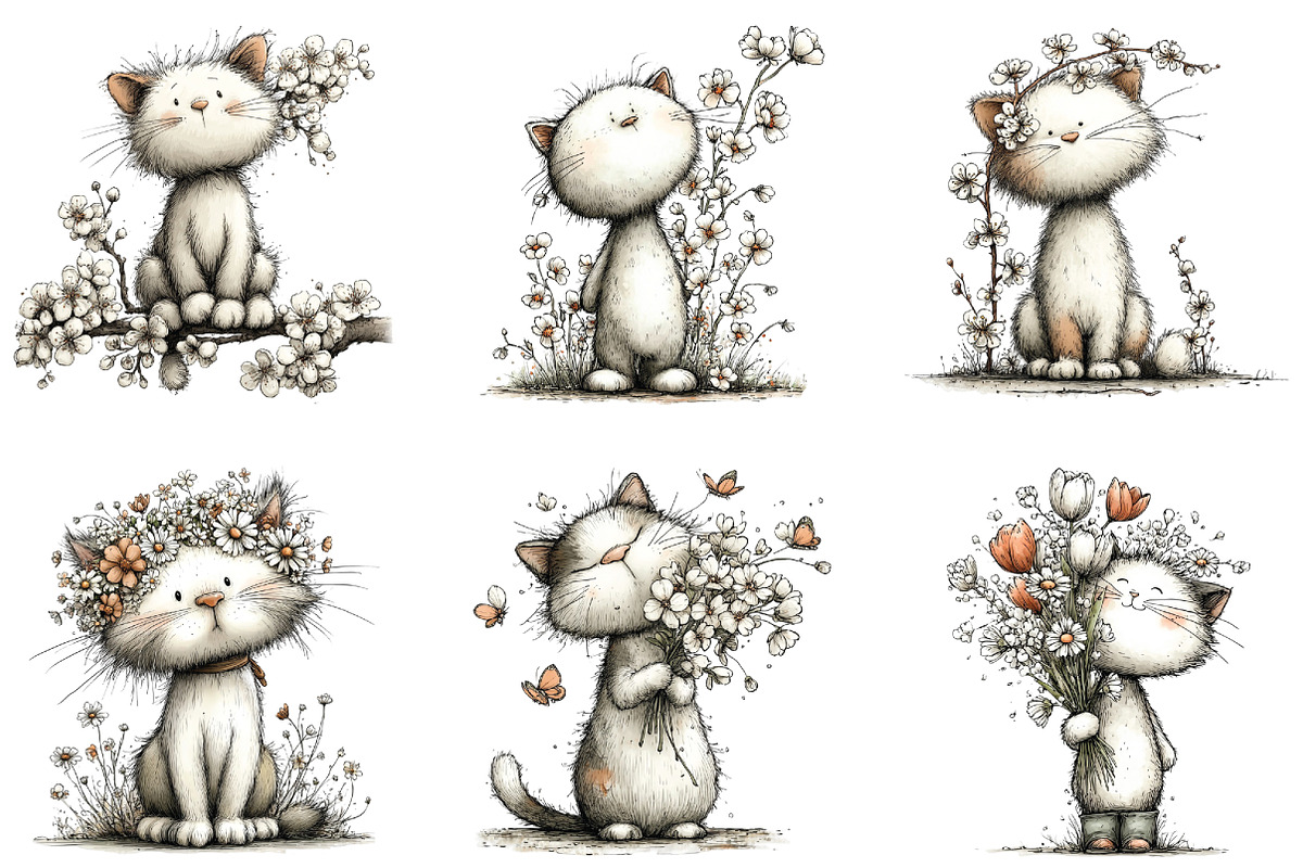 Spring Cat White Floral Clipart, an Illustration by CraftArtStudio