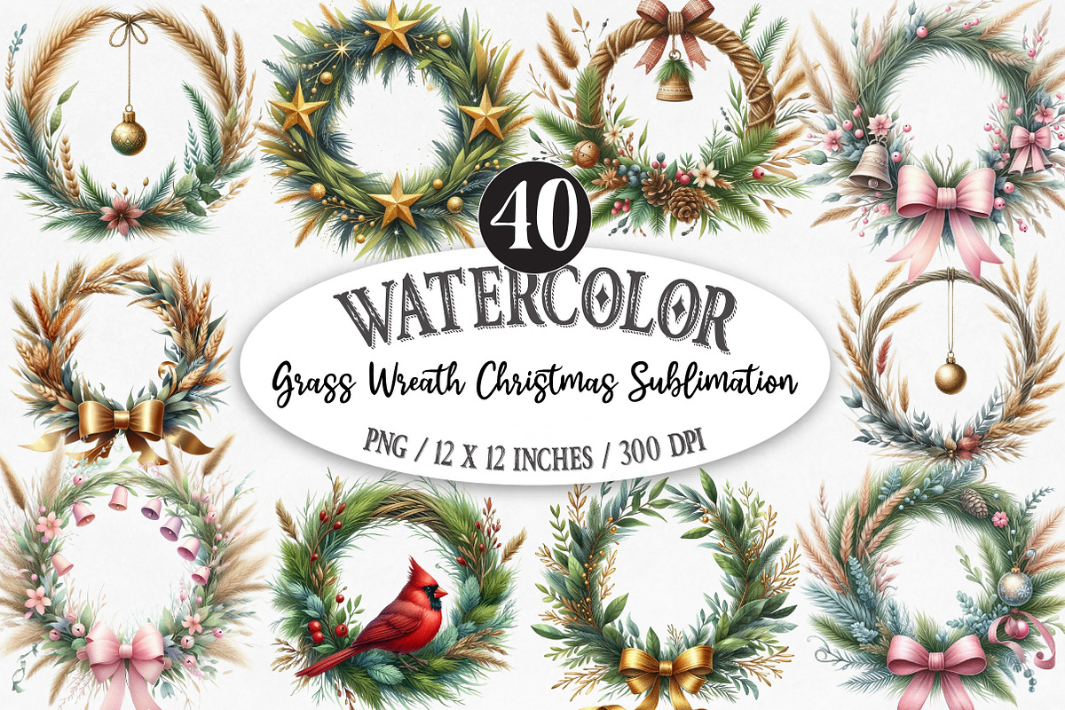 Grass Wreath Christmas Sublimation, an Illustration by Designking (Photo 1 of 5)