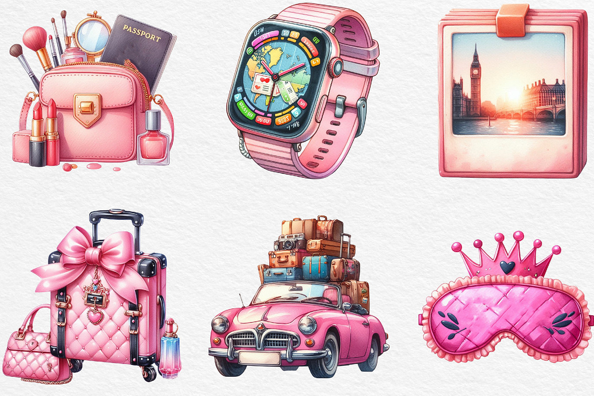 Watercolor Pink Travel Clipart, an Illustration by Black Bird Studio (Photo 2 of 6)