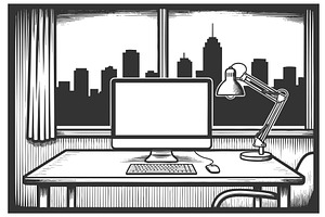Modern office desk with city view, an Object Illustration by AlexArt