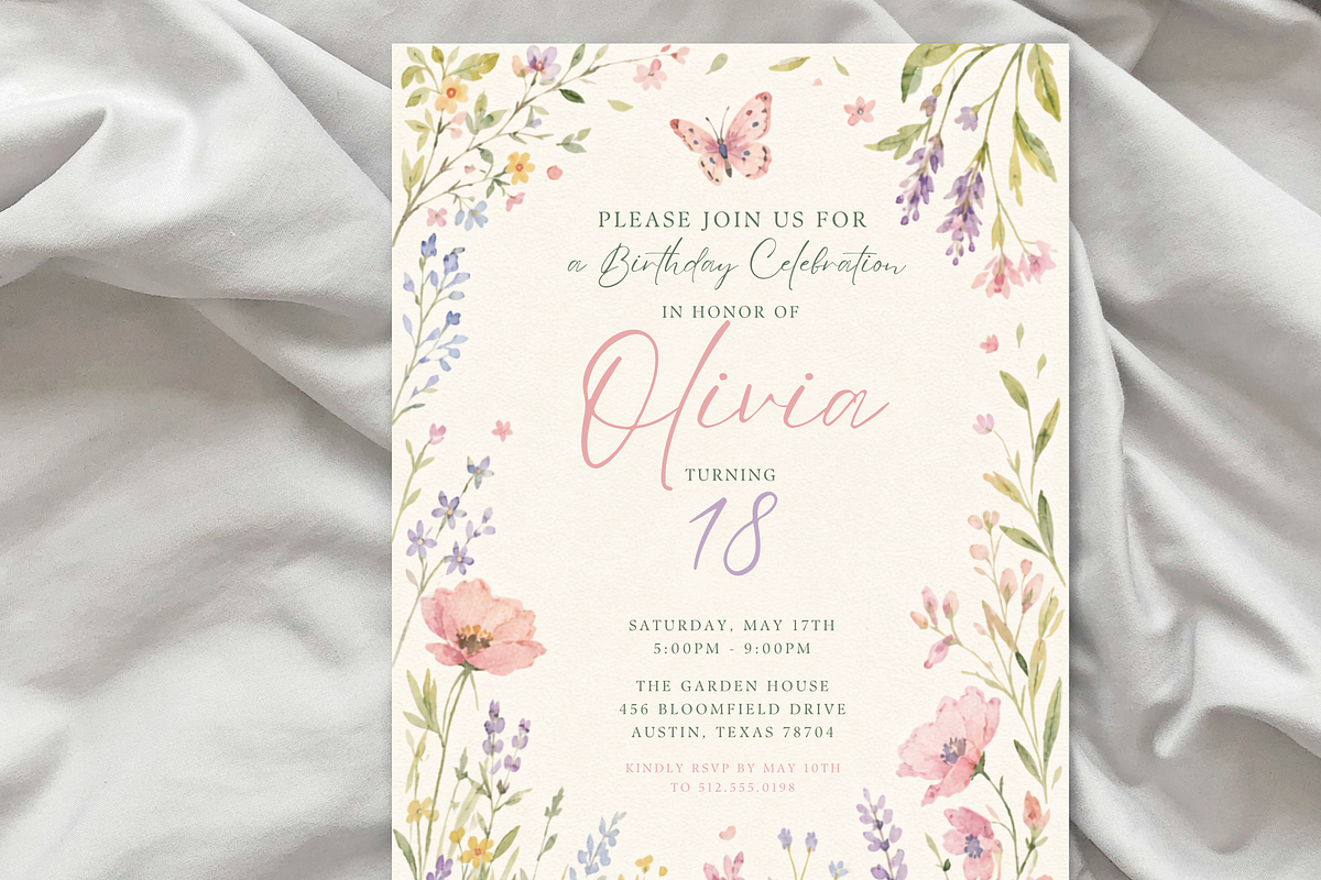 Wildflower Floral Birthday Invite, an Invitation Template by heynomi (Photo 6 of 19)