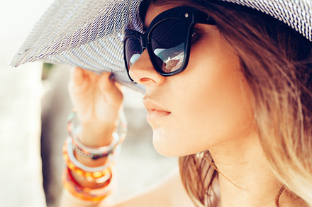 Young summer girl wearing  hat  and sunglasses containing background, woman