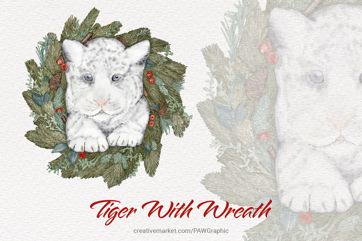 Tiger Christmas Wreath Watercolour, an Illustration by PawGraphic (Photo 1 of 12)