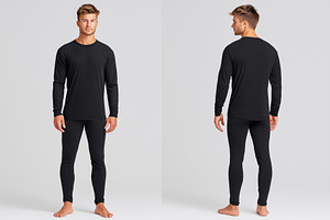 A male model showcases a black long-sleeve thermal top and matching leggings sp, a Hoody Mockup by Textures & Backgrounds