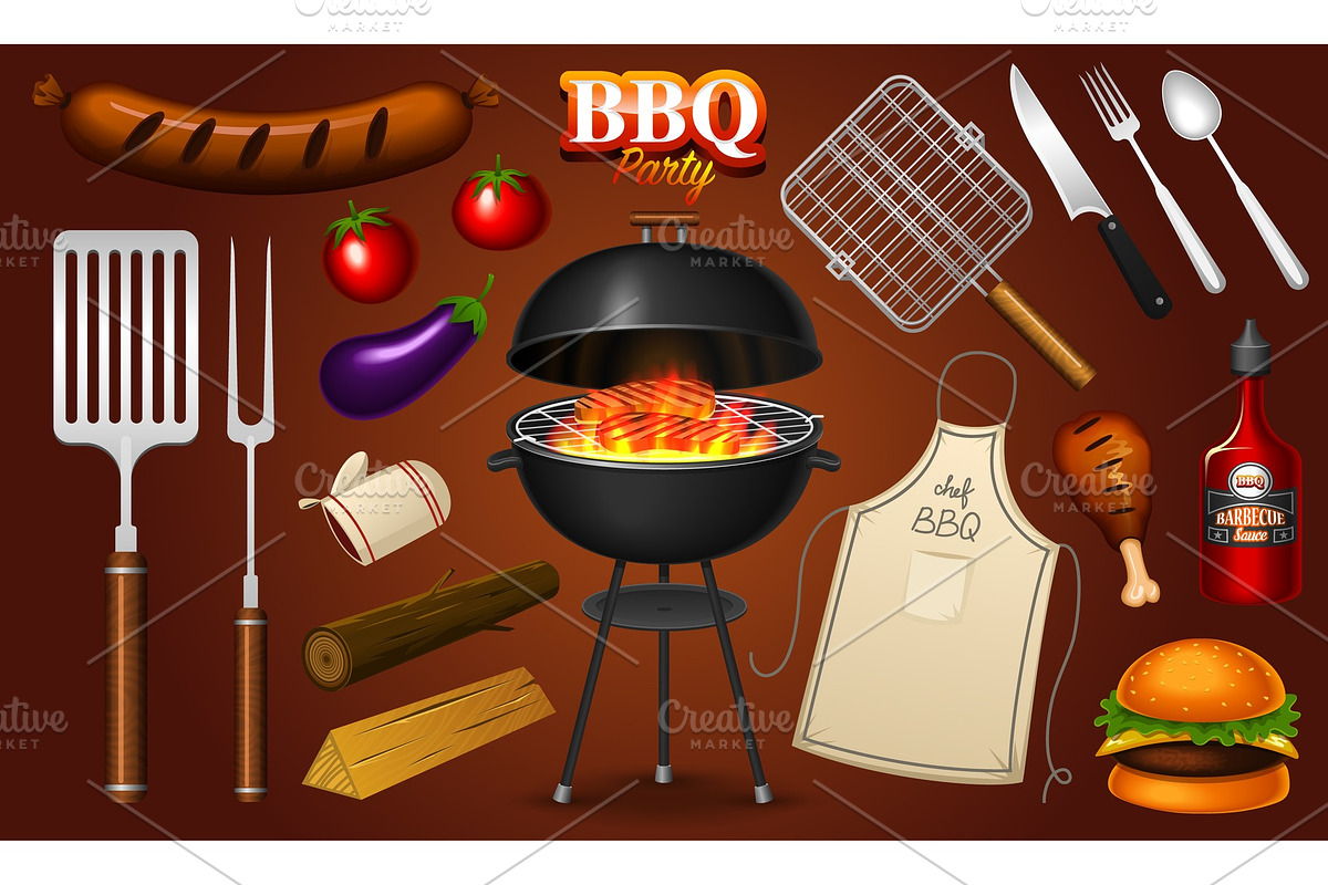 Barbecue grill elements set isolated on red background. BBQ party ...