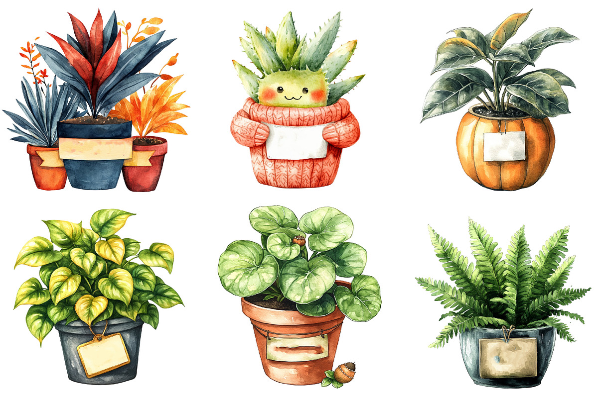 Positive Autumn Houseplant Clipart, an Illustration by Watercolor design (Photo 3 of 4)