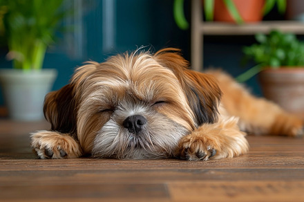 Adorable small dog peacefully napping on wooden floor among plants., an Animal Photo by ImageMir