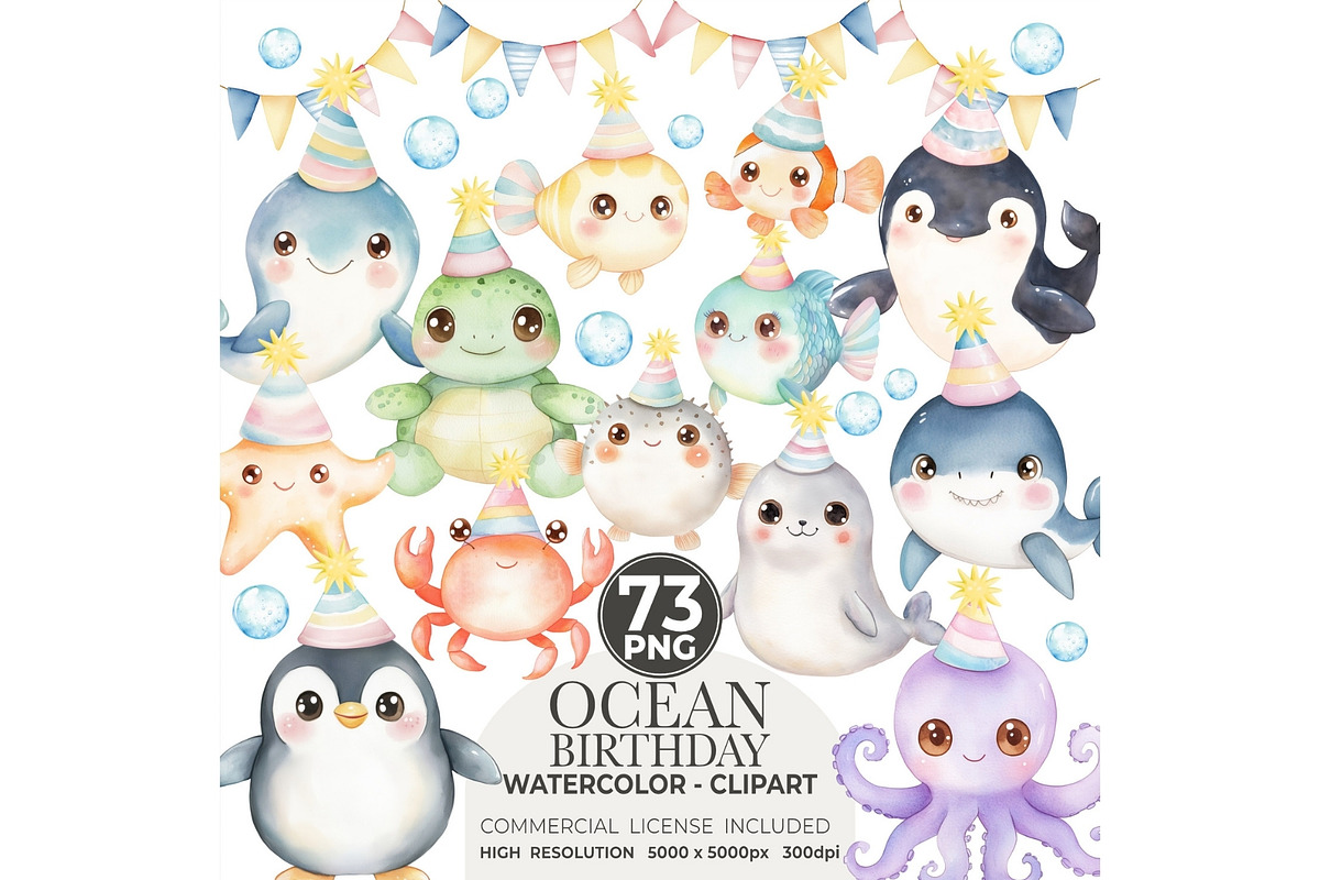 Ocean Birthday Party Watercolor, an Illustration by CharmClipart (Photo 1 of 8)