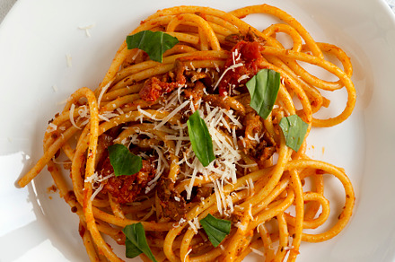 Homemade Bucatini all Amatriciana Pasta in a white plate on clot, a Food & Drink Photo by LiudmylaChuhunova