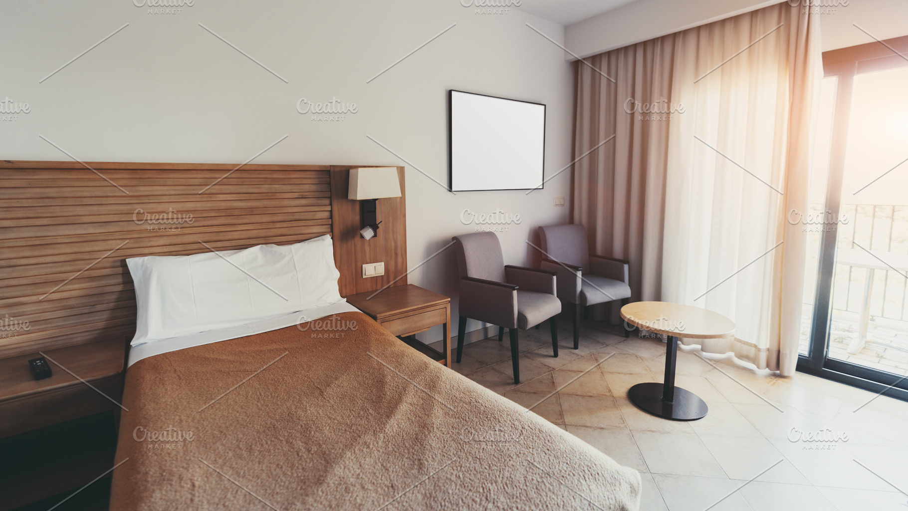 Cozy hotel room with morning light, an Architecture Photo by SkyNext