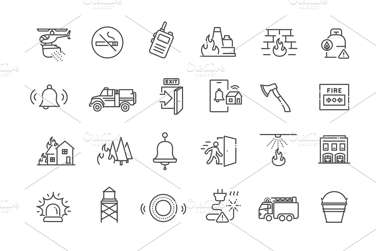 Firefighting safety equipment icons, an Outline Icon by Tettygreen (Photo 2 of 2)