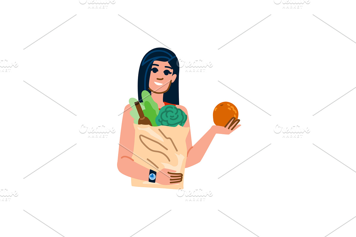 Young woman holding paper bag with, a Food Illustration by pikepicture