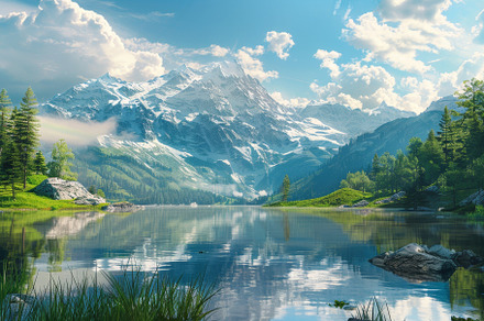 A stunning mountain vista features a, a Photo by Tanuart