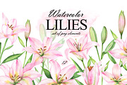 Pink lilies watercolor clipart set, an Illustration by OlDm_Shop (Thumbnail 1 of 10)