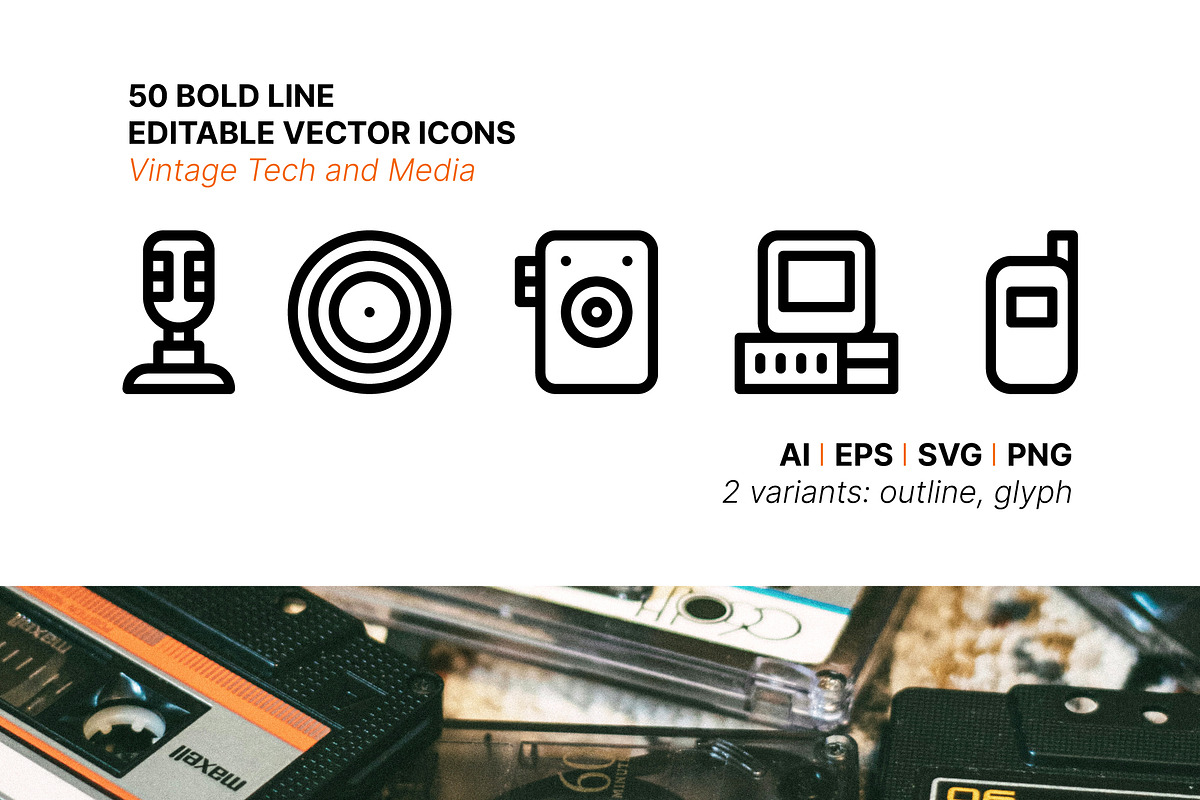50 Vintage Technology & Media Icons, an Outline Icon by Side Project (Photo 1 of 8)