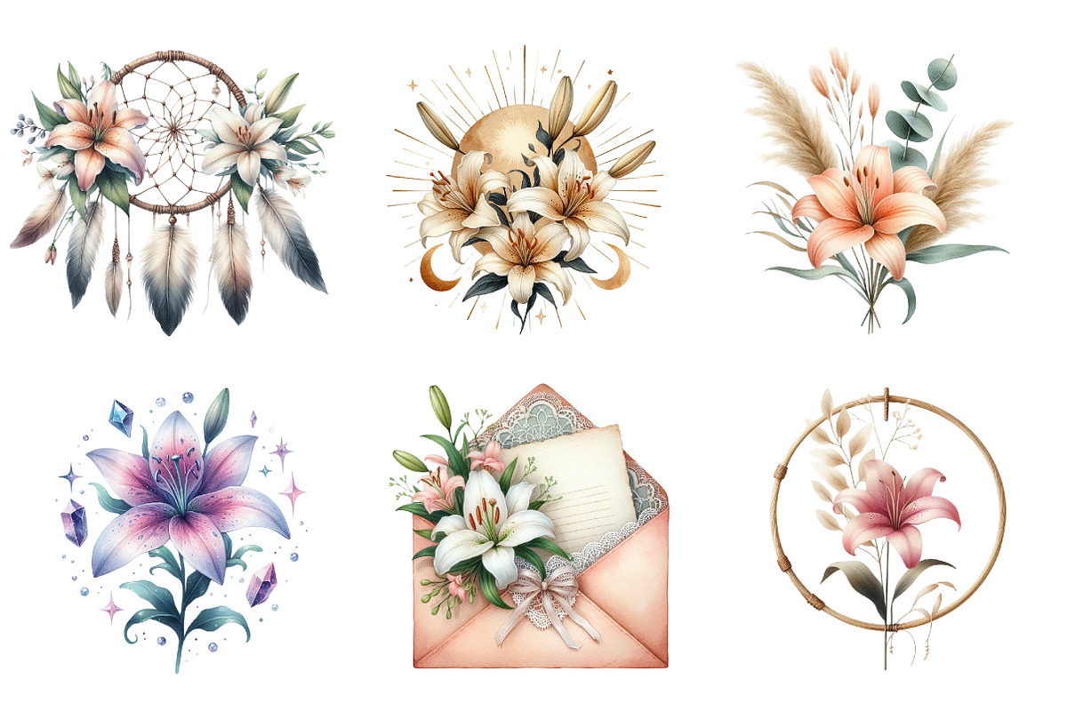 Watercolor Lily Flower Boho Clipart, an Illustration by DreamArtGraphic (Photo 4 of 5)