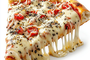 Slice of hot pizza with stretchy che, a Food & Drink Photo by Pixeness Studio