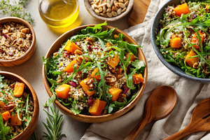 Vibrant quinoa salad with butternut squash and arugula, a Food & Drink Photo by AlyaAnd