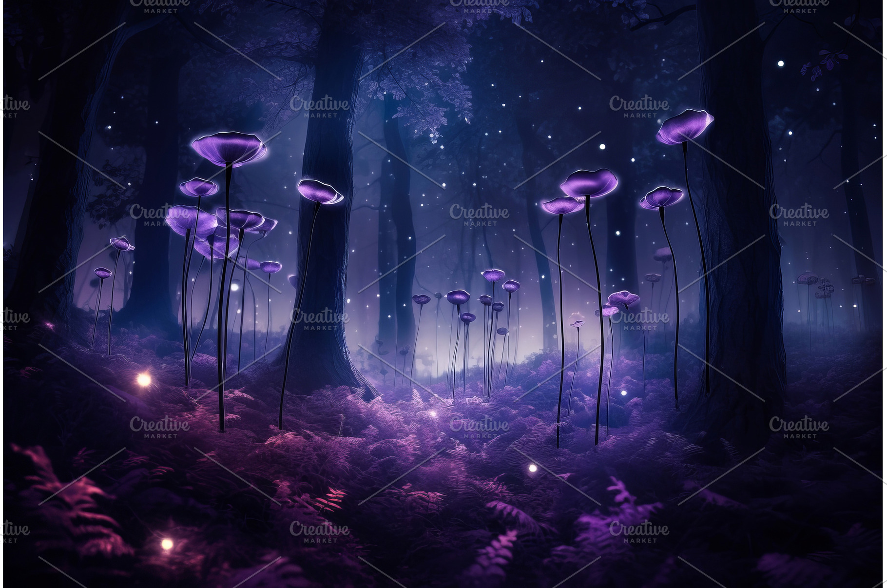Purple forest glowing. Generate AI, a Nature Photo by Ylivdesign