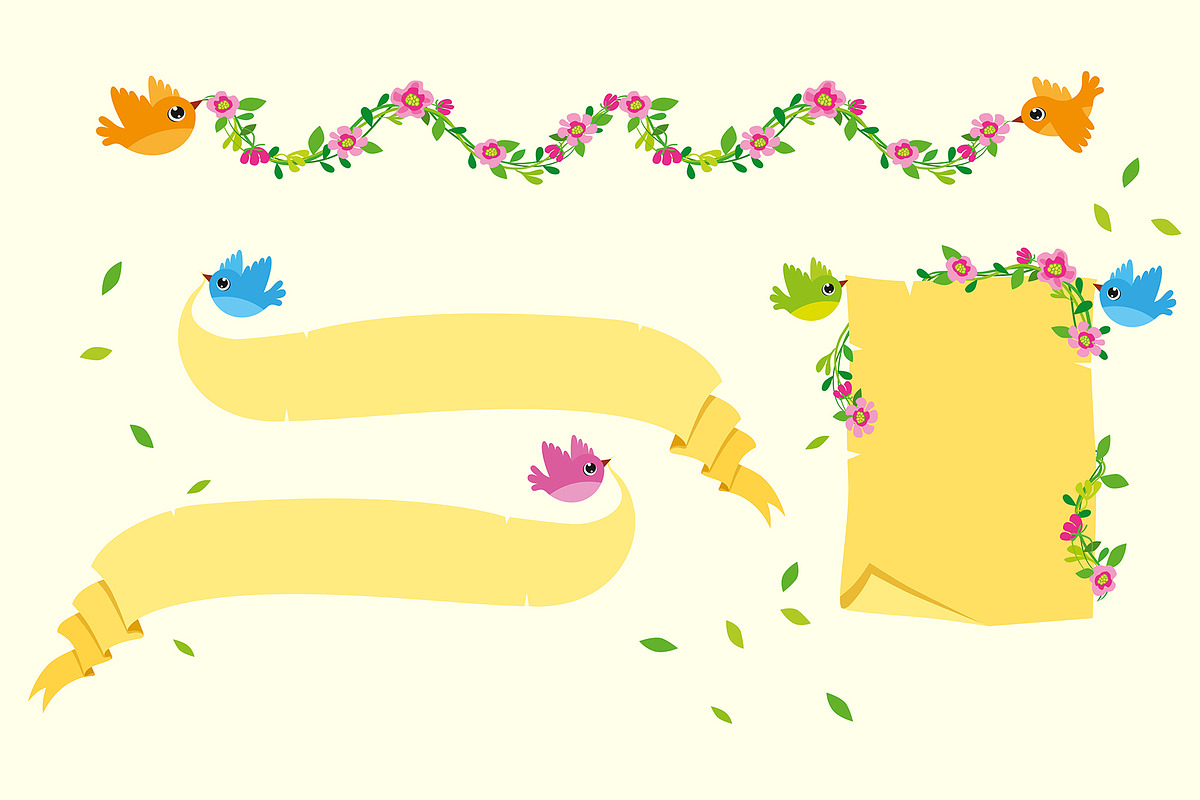 Flying birds with Banners Vector Set, a Graphic by UltraShop