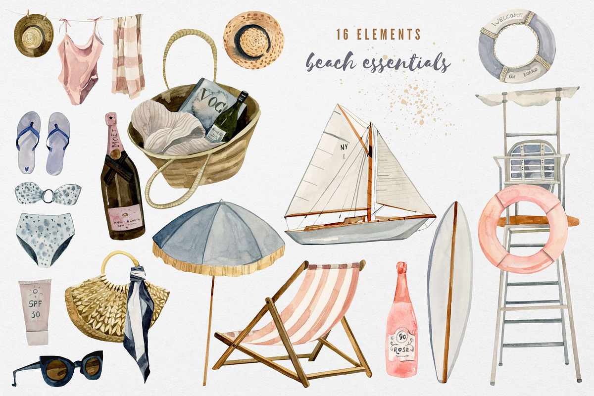 Beach summer watercolor clipart, a Seasonal Illustration by Artcard Watercolor (Photo 2 of 14)