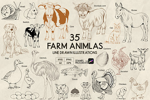 Farm Animals Line Art + Procreate, an Animal Illustration by Skliarova