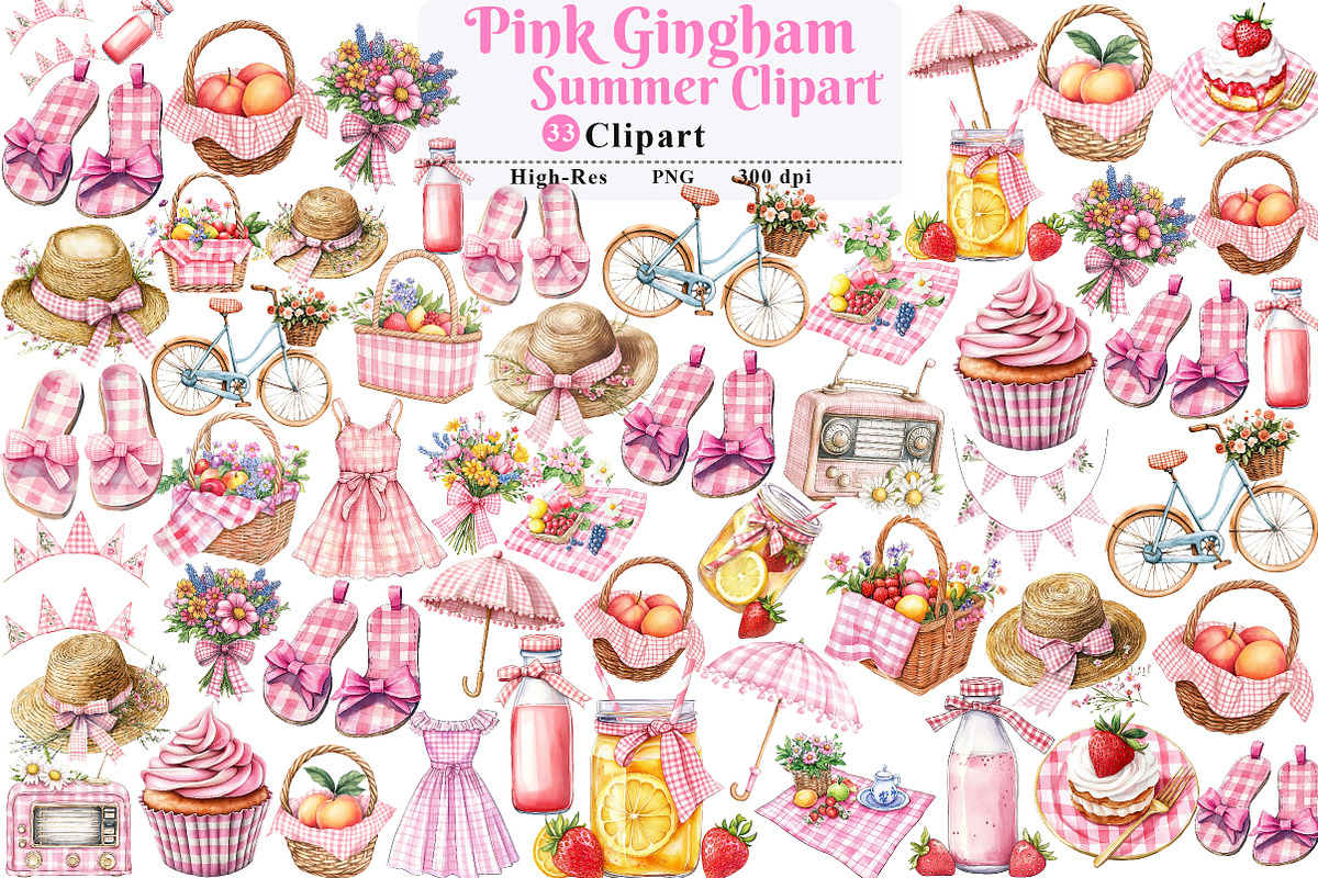 Bohemian Pink Gingham Summer Clipart, an Illustration by Watercolor design (Photo 1 of 5)