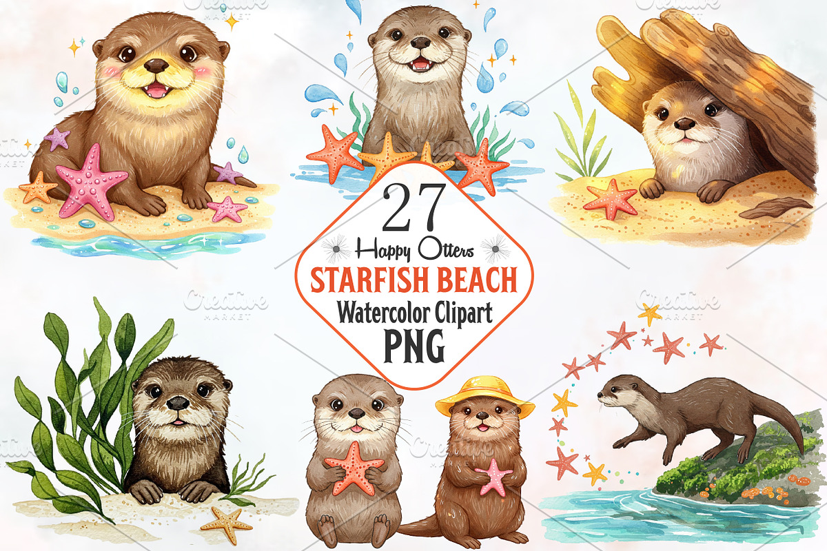 Happy Otters & Starfish Beach Clipar, an Illustration by RobertsArt (Photo 1 of 7)