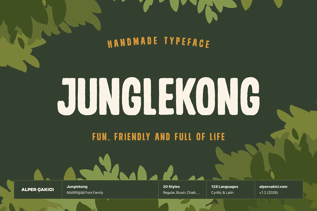 Junglekong Cute Playful Typeface, a Script Font by alpercakici (Photo 1 of 14)