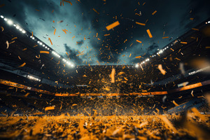 Celebratory Confetti In Evening Soccer Stadium During Championship Event, a Photo by AS photostudio