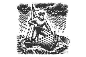 Man Rowing Boat Through Stormy Sea, a Person Illustration by AlexArt