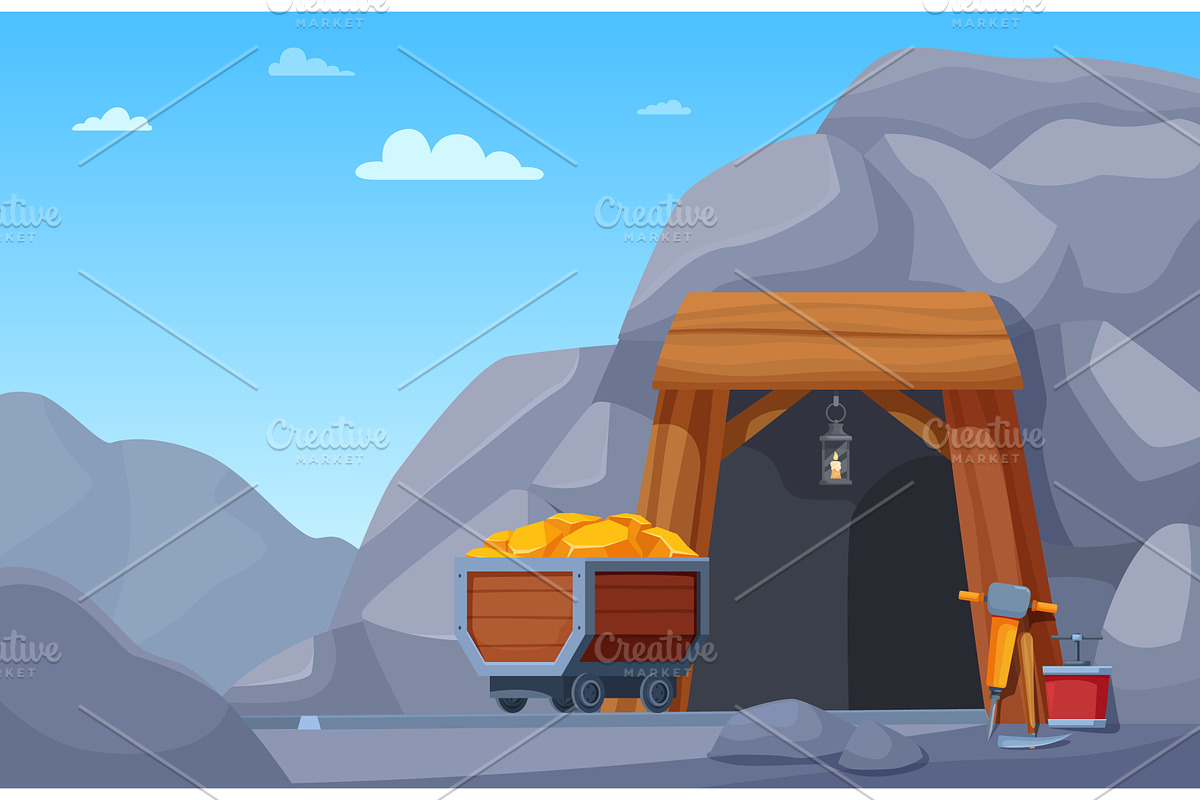 Mining cave entrance. Cart with, an Illustration by Valerie Bodnar