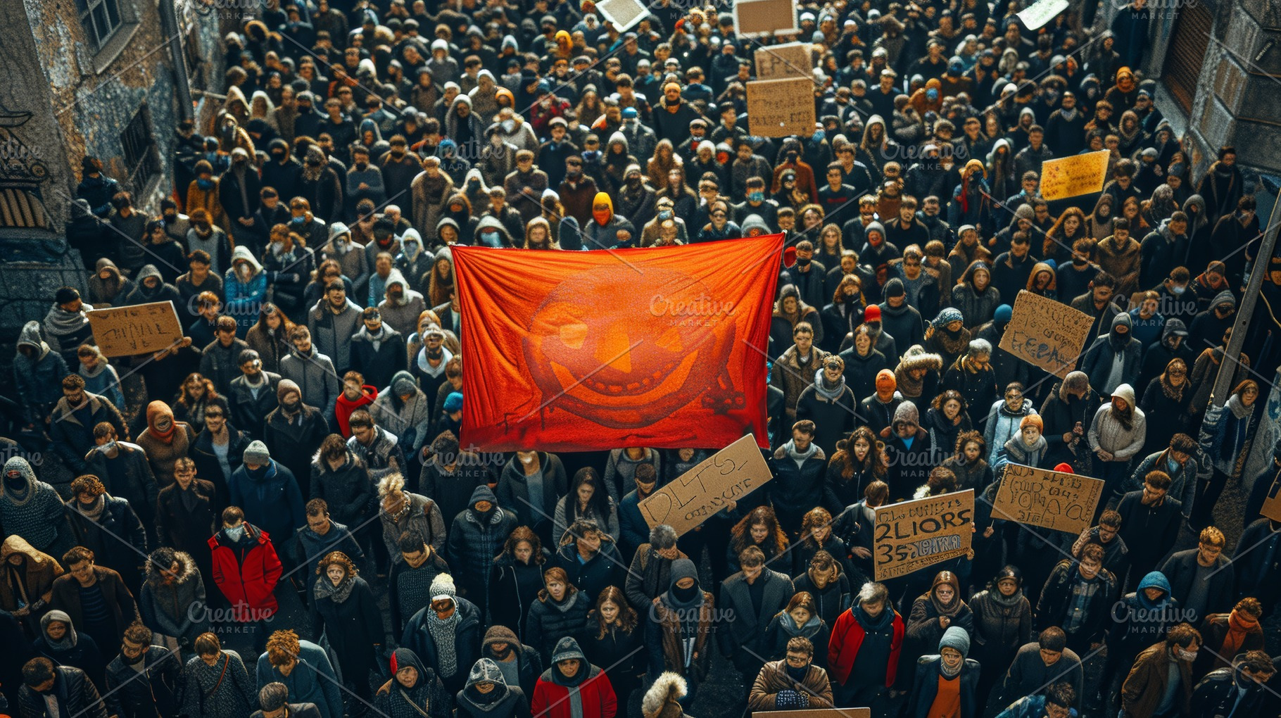 Large crowd of diverse people protesting with vibrant banners, a Photo by AS photostudio