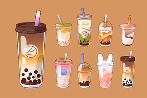 Bubble tea set + ad backgrounds, a Food Illustration by PaperTrident
