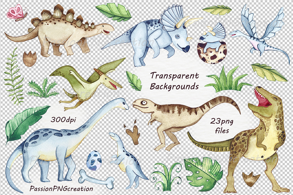 Watercolor Dinosaurs Clipart, an Animal Illustration by PassionPNGcreation (Photo 3 of 3)