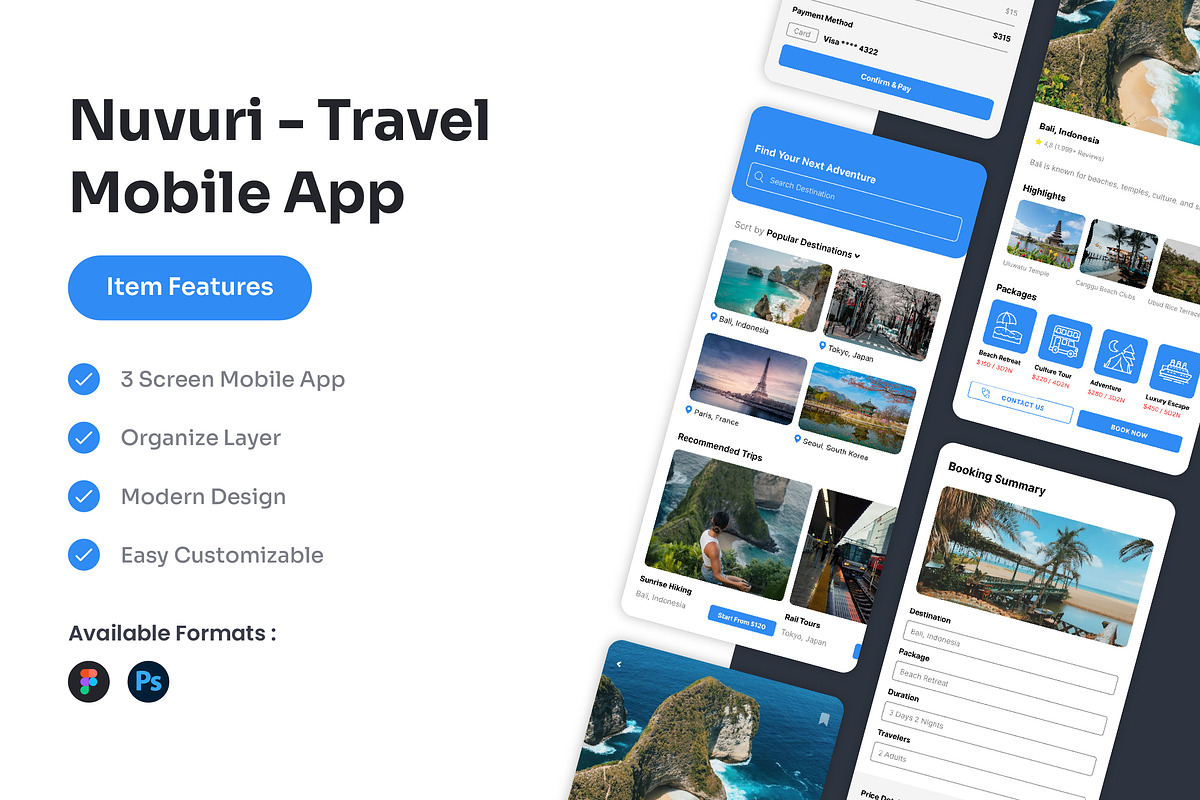Nuvuri - Travel Mobile App UI Kit, an UI Kit Template by Kmg Design (Photo 1 of 2)