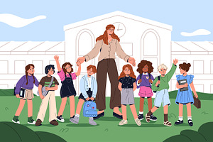 Teacher with kids. Back to school, an Education Illustration by PaperTrident