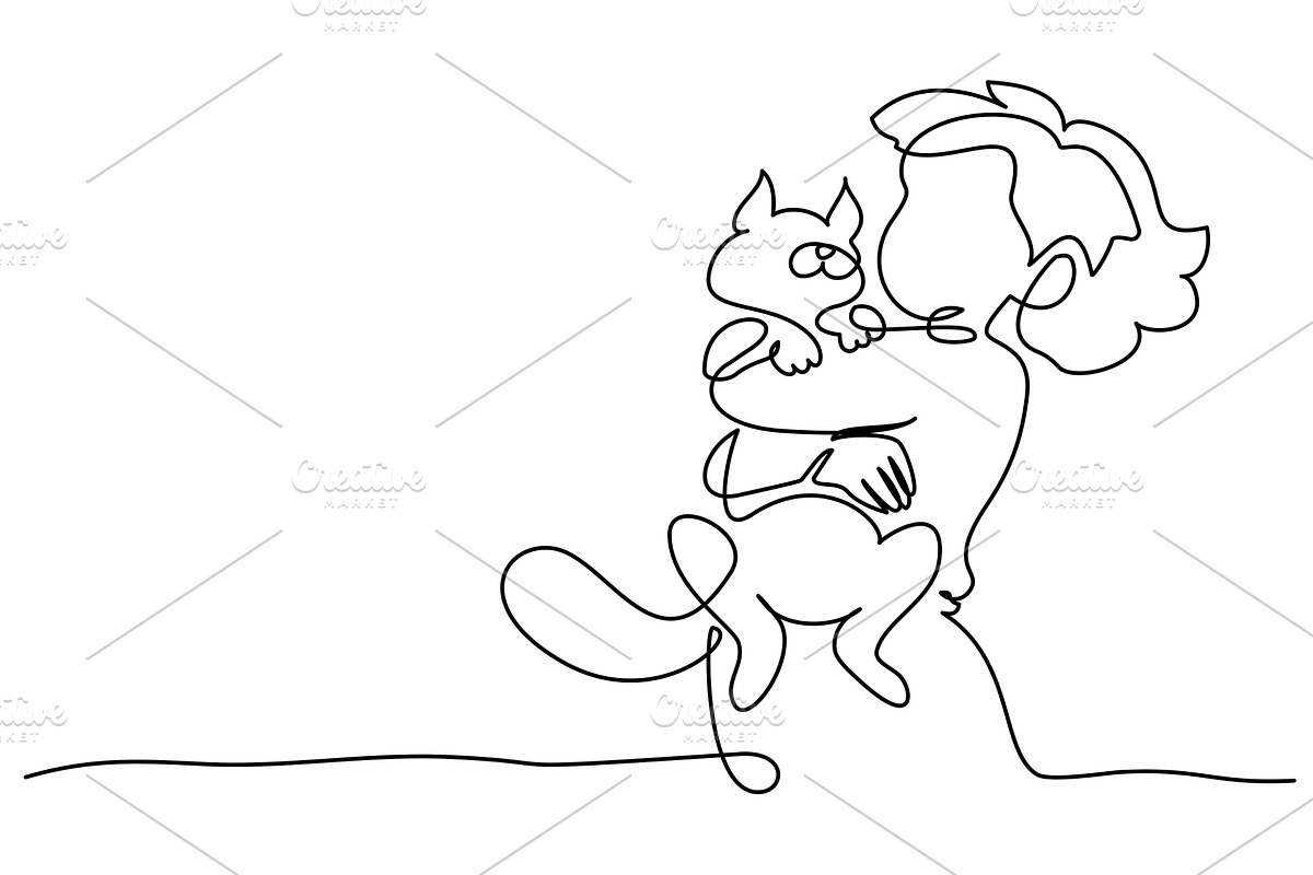 Little girl hugging cat. Continuous, a Person Illustration by Valenty