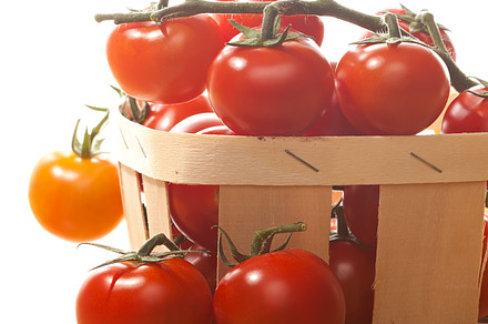 Tomatoes and salad in wooden basket featuring basket, branch, and bright preview 6