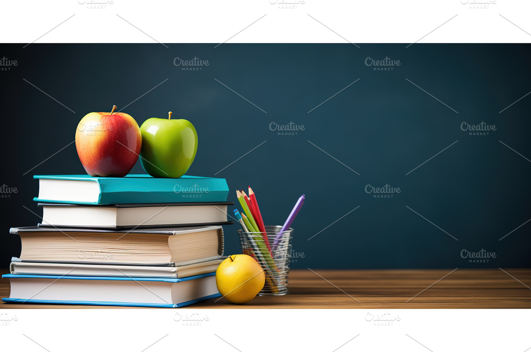 School teacher's desk with stack of, a School & Education Photo by ZinetroN
