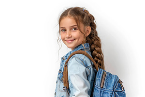 School girl with backpack on white background, a Photo by AlyaAnd